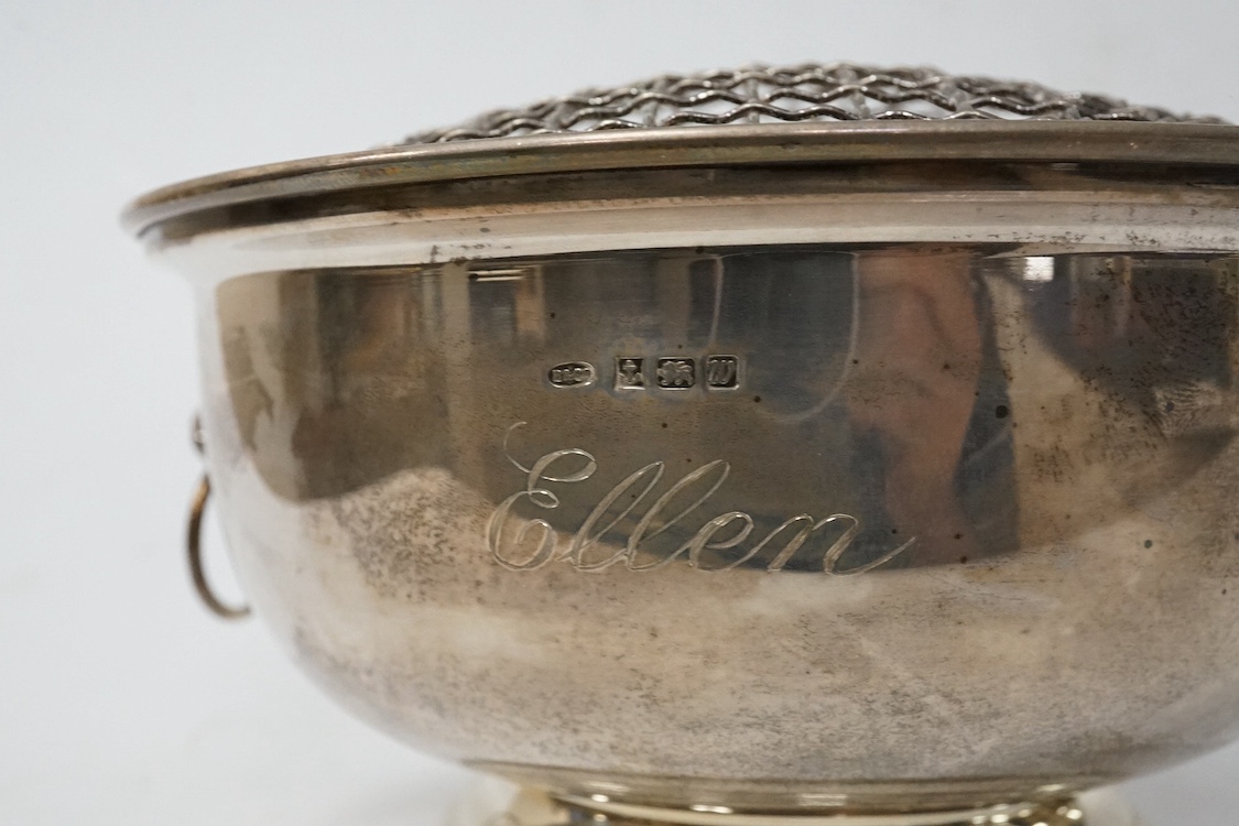 An Elizabeth II silver two handled rose bowl, W.I. Broadway & Co, Birmingham, 1971, with engraved inscription, diameter 16cm, 7.7oz. Condition - fair to good